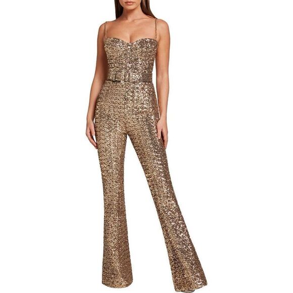 Nadine Merabi Women's Gold Sequin Sleeveless Lucinda Flare Jumpsuit Size 8 NWOT - Picture 1 of 13